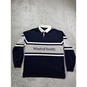 Wasted Youth Rugby Shirt Mens Large Navy Gray Long Sleeve Stripe Cotton